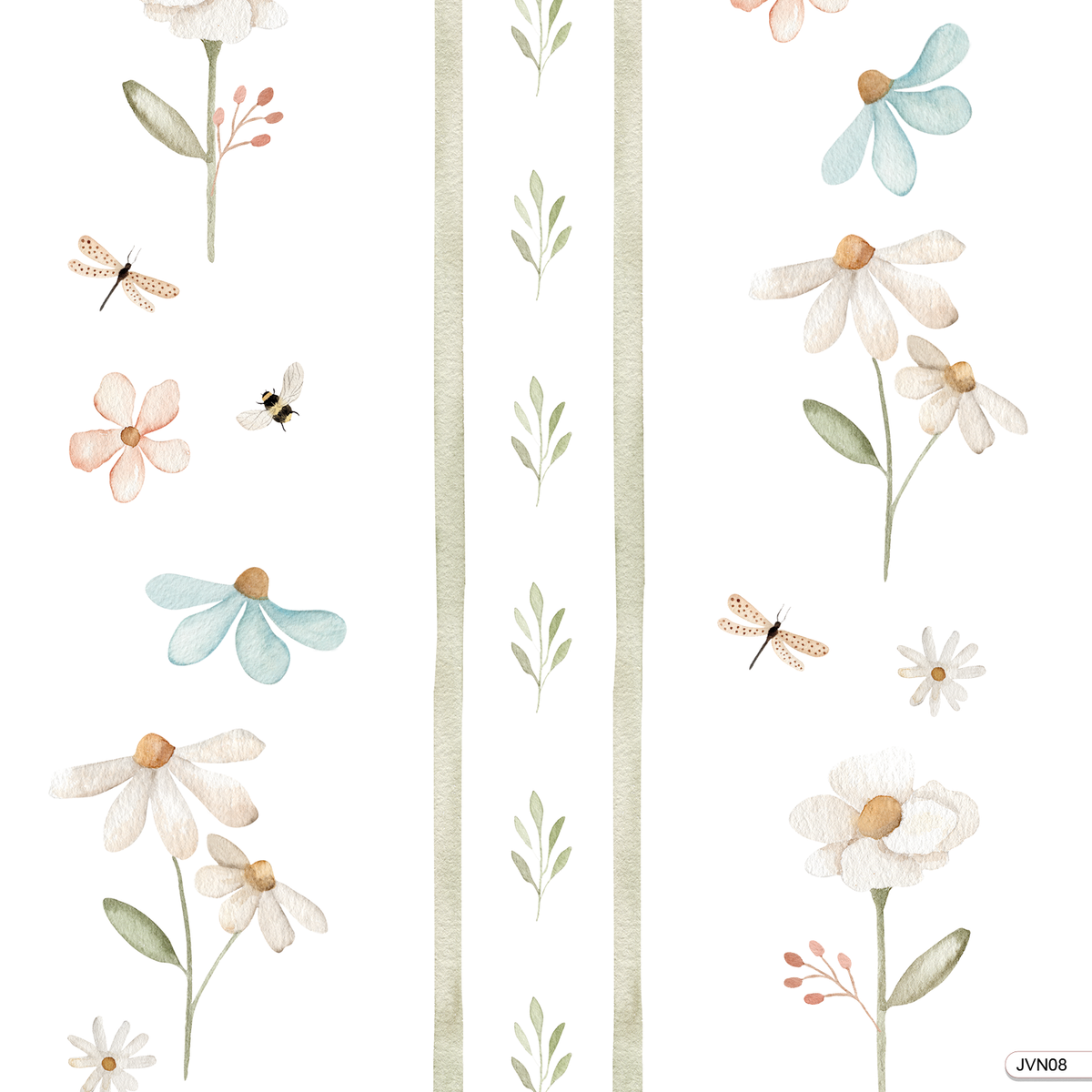 Papel de Parede - Listras Flores e Libélulas 08