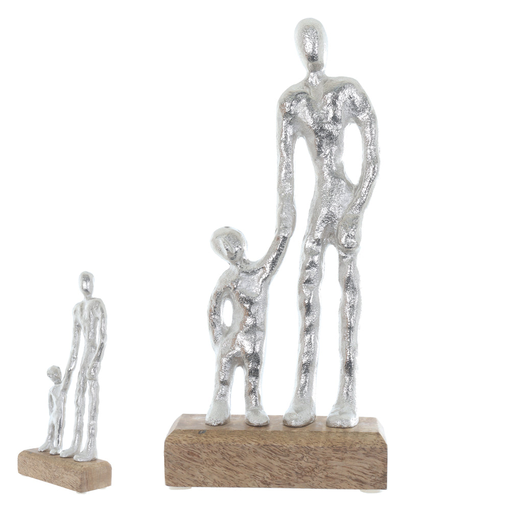 Escultura decorativa pai e filho em metal – Prata Bege
